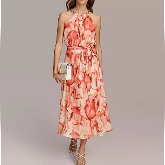 NWT DONNA KARAN | Halter Sleeveless Floral Midi Dress - Picture 1 of 9